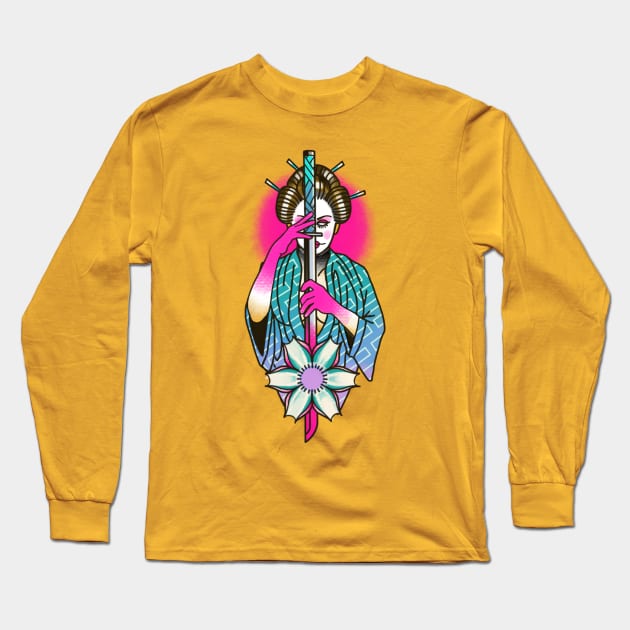 Samurai Geisha Girl Tattoo Long Sleeve T-Shirt by HAPHEART.COM